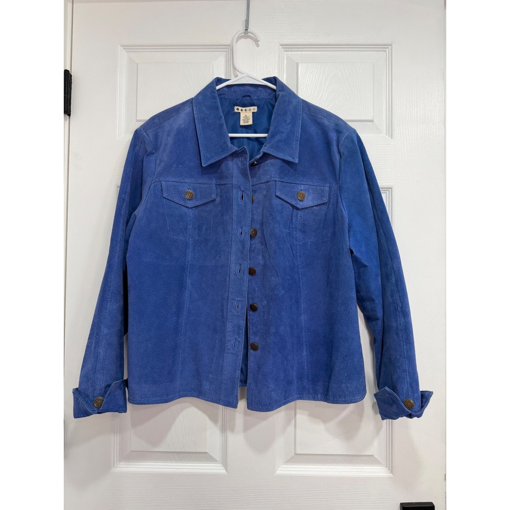Womens Royal Blue Genuine Leather Button Front Trucker Jacket XL Vintage Style